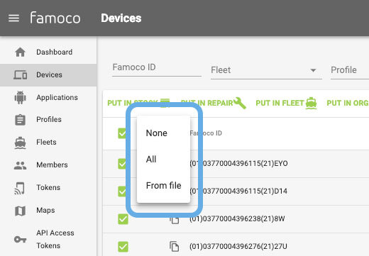 New dropdown list from devices section in Famoco MDM